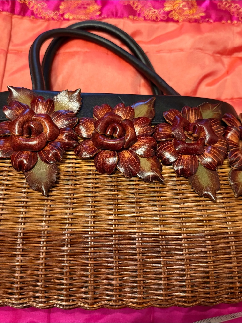 Isabella Fiore Brown Woven Tote with Leather Floral Appliqués *Never Used* NWOT
